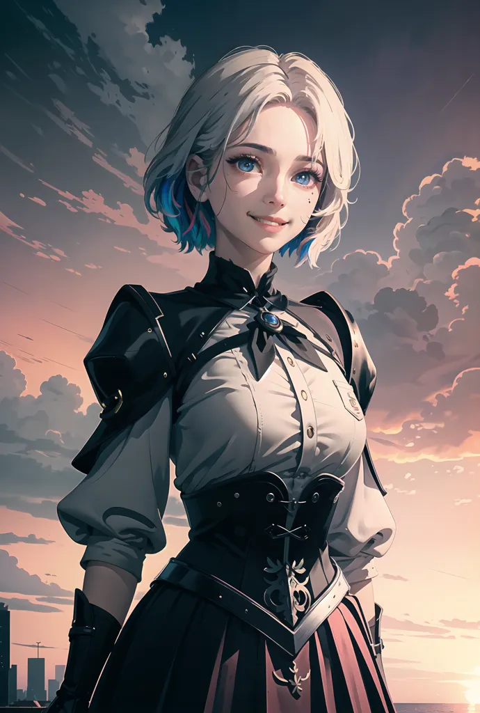 This is an image of a young woman with short white and blue hair. She is wearing a white shirt with a black vest and a brown skirt. She has a friendly smile on her face and is looking at the viewer. The background is a cloudy sky with a hint of a cityscape in the distance.