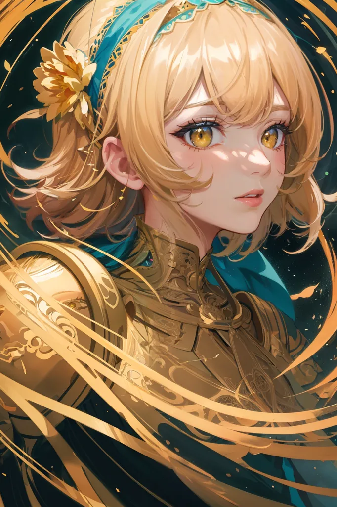 The image is a portrait of a young woman with long blonde hair and golden eyes. She is wearing a blue and gold outfit with a white cape. The woman is looking at the viewer with a serious expression. She has a flower in her hair and there are several gold ribbons flowing around her. The background is a dark blue with a starry night sky.