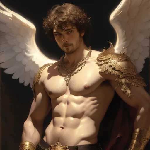 Ceci est une image d'un homme musclé, torse nu, aux cheveux bruns et aux yeux bruns. Il a de grandes ailes blanches et porte une armure dorée sur les épaules et autour de la taille. Il se tient debout, les pieds à la largeur des épaules, les bras le long du corps. Il a une expression confiante sur le visage.