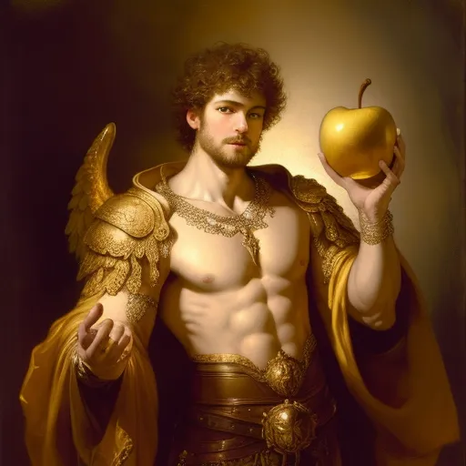 The image shows a young man with curly brown hair and a beard. He is dressed in a golden cuirass and a golden cloak. He has a golden apple in his left hand and is pointing with his right hand. He has a serious expression on his face. The background is dark.