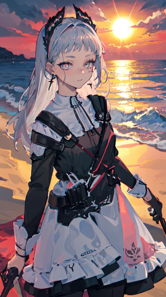 The image is an anime-style illustration of a young woman standing on a beach. She is wearing a white dress with a black jacket and a black and red belt. She has long white hair and red eyes. She is holding a gun in her right hand. The sun is setting in the background, casting a golden glow over the scene. The waves are gently crashing on the shore. The sky is a gradient of orange, yellow, pink, and blue.