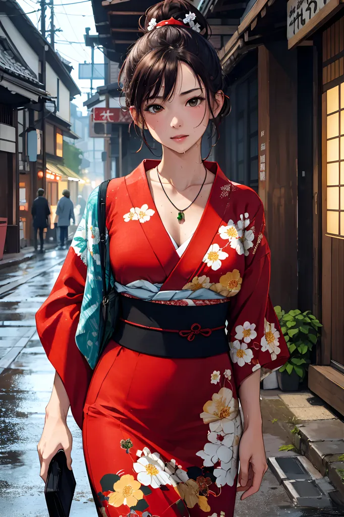The picture shows a young woman wearing a red kimono with white floral patterns. The kimono is tied with a black obi sash. She has a green necklace with a pendant. Her hair is dark brown and is tied in a bun. She is carrying a black handbag. The background is a street in a Japanese town. It is raining and the street is wet. There are people walking in the background.