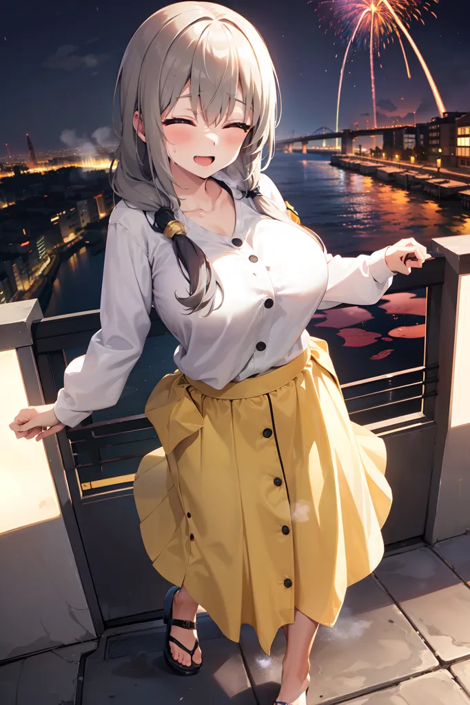 The image is of an anime girl with long silver hair and grey eyes. She is wearing a white blouse and a yellow skirt. She is standing on a rooftop, with a city in the background. There are fireworks in the sky. The girl is smiling and has her eyes closed. She is leaning against the railing.