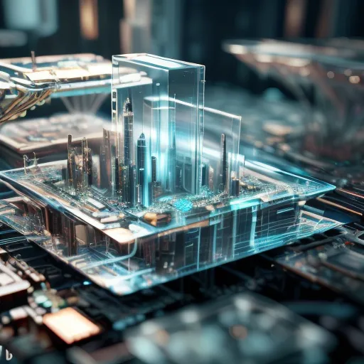 The image is of a futuristic city. There are tall buildings made of glass and metal. The city is lit up by bright lights. There are no people in the image. The city is built on a platform that is above the ground. There are machines working on the platform. The machines are building new buildings.