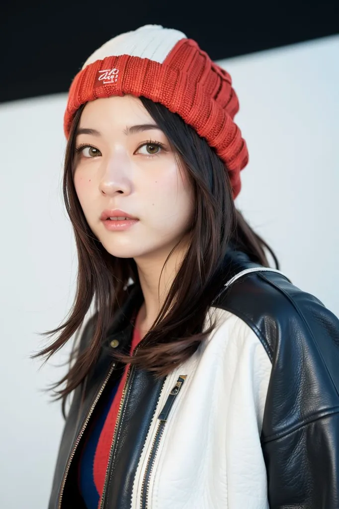 This is a picture of a young woman. She is wearing a red beanie with white stripes and a white and black leather jacket. The beanie has a logo on it that says \