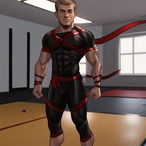 This is an image of a muscular man with short blond hair and blue eyes. He is dressed in a black and red outfit. The black material looks like a wetsuit, and there is a red sash wrapped around his waist and chest. He is standing in a fighting stance in a room that looks like a dojo. There are mats on the floor and windows in the background.