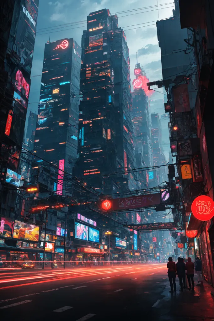 The image shows a street in a cyberpunk city. The street is lined with tall buildings, many of which are covered in neon signs. The sky is dark and cloudy. There are people walking on the street by a busy road. The image is full of detail and atmosphere.