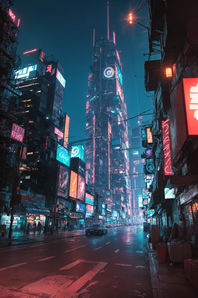 The image is a street scene in a cyberpunk city. The street is wet from rain, reflecting the lights of the city. There are tall buildings on either side of the street, with neon signs and billboards advertising various products and services. The street is crowded with people, all wearing different types of clothing. There are also a few cars and other vehicles driving on the street. The image is full of detail, and it is clear that the artist has put a lot of thought into creating it.