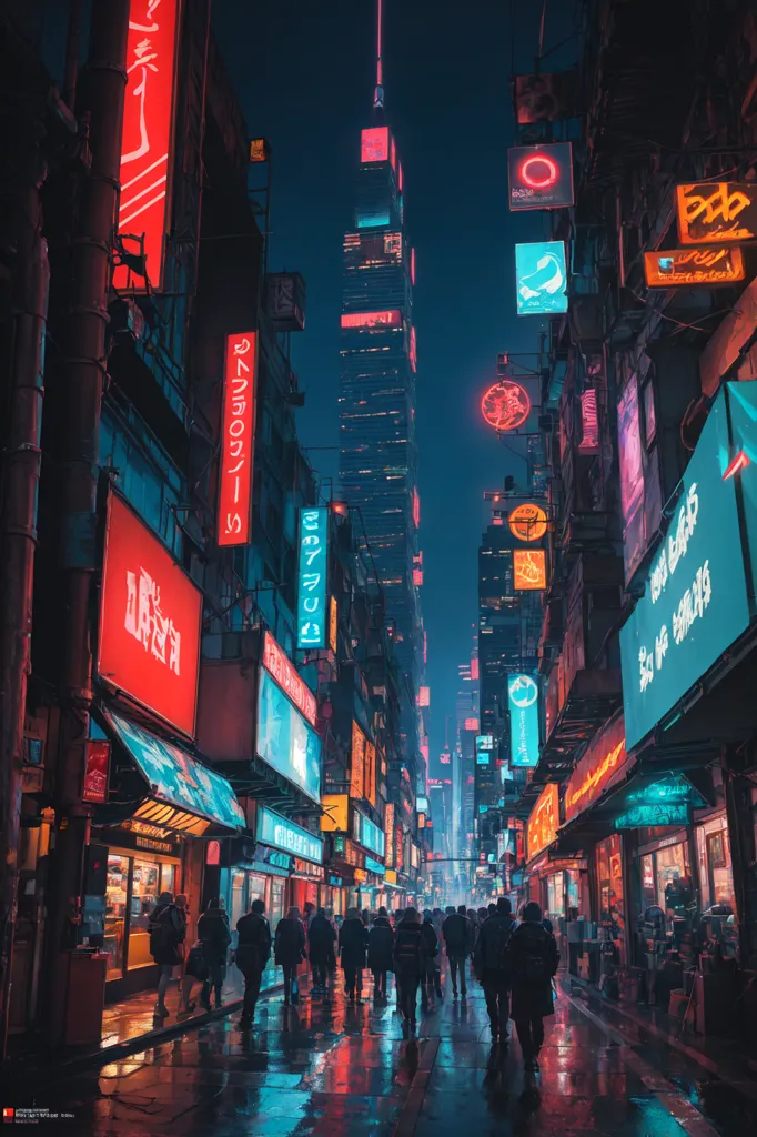 The image shows a busy street in a cyberpunk city. It is night time and the street is lit up by the bright lights of the city's skyscrapers and the various signs and advertisements. The street is crowded with people all wearing dark clothes. The image is full of detail and the artist has done a great job of capturing the atmosphere of a cyberpunk city.