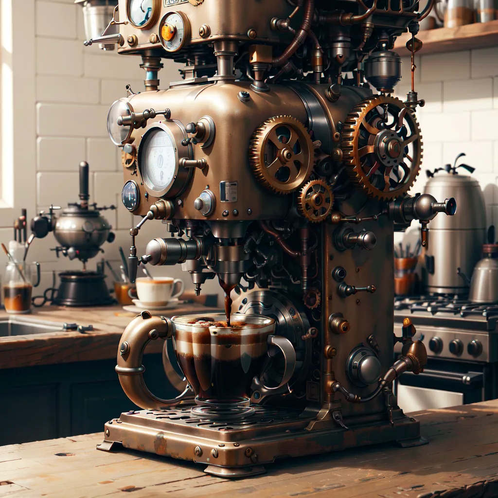 The image is a steampunk-style coffee machine. It is made of metal and has a lot of gears and pipes. There is a gauge on the front that measures the pressure of the steam. The machine is also decorated with some small details, such as a clock and a compass. The machine is sitting on a wooden table in a kitchen. There is a white cup under the spout of the machine, and the coffee is flowing into it.