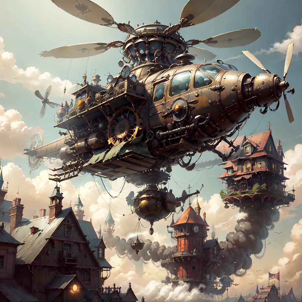 The image shows a steampunk helicopter flying over a city. The helicopter is made of metal and has large propellers on the top and the back. There are also a number of smaller propellers on the sides of the helicopter. The helicopter is painted in a brown and cream color scheme. The city is made up of a number of buildings that are built on top of each other. The buildings are made of wood and have a variety of different shapes and sizes. There are also a number of trees and other plants in the city. The sky is blue and there are a few clouds in the sky.