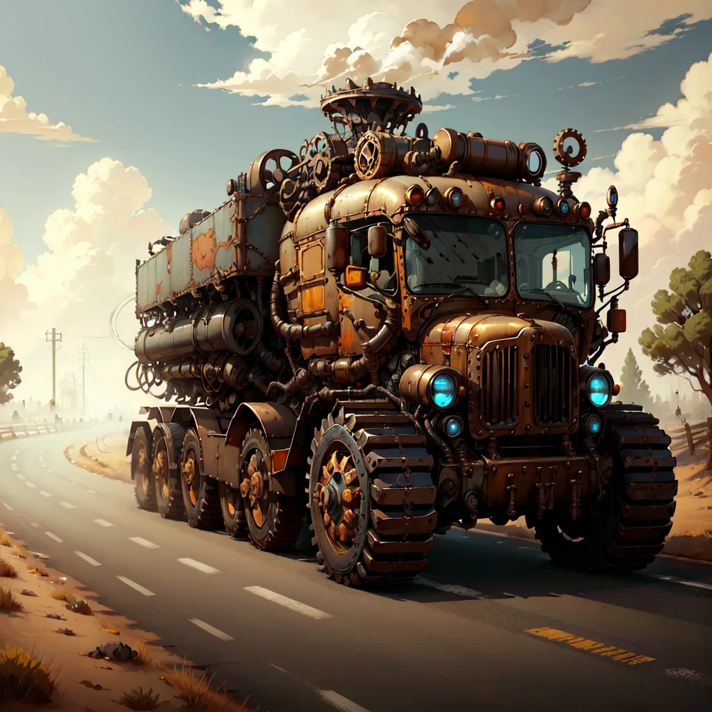 This is an image of a steampunk truck. It is a large, rusty vehicle with a lot of pipes and gears on the outside. It has a large tank on the back and a smaller one on the front. There are four wheels on the back and two on the front. The truck is driving down a road with a fence on the right and a bunch of dead trees and telephone poles on the left. The sky is cloudy.