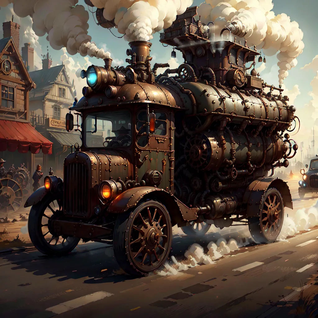 The image shows a steampunk truck. It is a large, multi-wheeled vehicle powered by steam. The truck is made of metal and has a large smokestack on top. It is also decorated with various gears, pipes, and other steampunk accessories. The truck is driving down a street in a city. The street is lined with buildings and there are people walking around. The truck is moving slowly and appears to be very powerful.