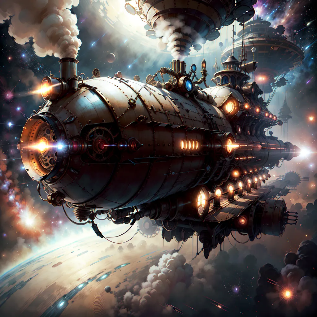 The image shows a steampunk airship. It is a large, metal vehicle with a long, cylindrical body. The airship is powered by steam engines, and it has a large smokestack on the back. The airship is also equipped with a number of weapons, including cannons and Gatling guns.

The airship is flying in a starry sky. There are clouds below the airship, and there are stars and planets in the background. The airship is on a journey, and it is likely headed to another world.

The image is full of detail. The airship is intricately designed, and the background is full of stars and planets. The image is also very atmospheric, and it conveys a sense of wonder and adventure.