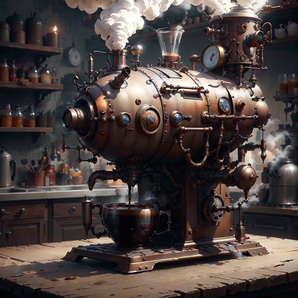 The image is a steampunk coffee machine. It is made of copper and brass and has a large round boiler with a pressure gauge and a steam pipe. There is a smaller boiler on top of the main boiler and a glass tube with a valve on the side. The coffee machine is sitting on a wooden table in a cluttered room. There are shelves on the walls with jars and bottles and a clock on the back wall.