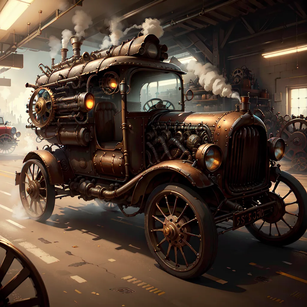 The image shows a steampunk truck. It is a large, black vehicle with a lot of metal and rivets. It has a large engine on the front and a smokestack on the back. The truck is also has two headlights. There are a bunch of steampunk accessories on the truck as well. There are also a bunch of gears and cogs on the side of the truck. The truck is parked in a garage with a bunch of other steampunk vehicles.