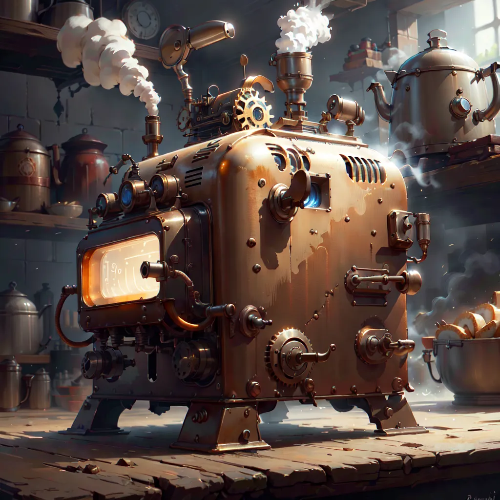 The image is a steampunk-style illustration of a kitchen. There is a large metal machine in the center of the image. It has a large door on the front with a glass window, and a number of pipes and gauges on the sides. There is a small door on the right side of the machine that is open, and there is a loaf of bread sitting on the floor next to it. There are shelves on the walls behind the machine with various kitchenware sitting on them. There is a window on the left side of the image, and a door on the right side. The floor is made of wood, and the walls are made of brick. The ceiling is made of wood, and there are a number of beams supporting it. The image is lit by a single light bulb hanging from the ceiling.