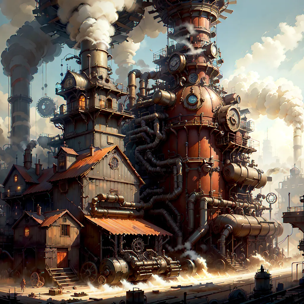 The image is a steampunk factory. It is a large, complex structure with many different levels and sections. The factory is powered by steam, and there are many pipes and smokestacks on the building. There are also a number of large gears and other machinery on the factory. The factory is surrounded by a fence, and there is a large gate in the front. There are a few people working outside the factory.