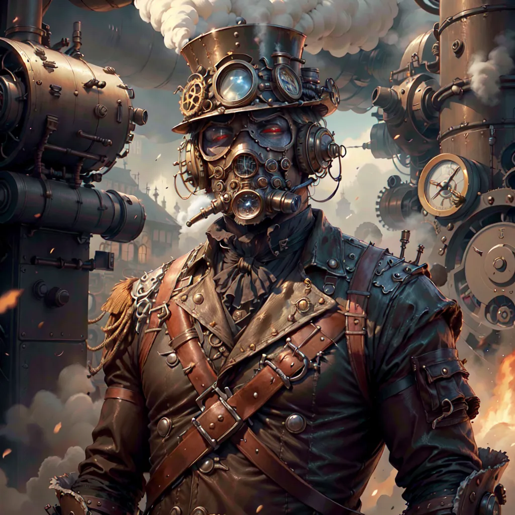 The image is a steampunk style portrait of a man wearing a top hat and gas mask. He is surrounded by steam-powered machinery. The man is wearing a long black coat and a brown vest. He has a variety of steampunk accessories on his person, including a pair of goggles, a respirator, and a number of belts and straps. The background of the image is a dark and murky factory, with large steam-powered machines and pipes.