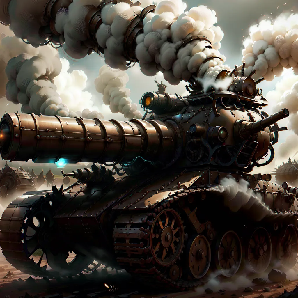 The image shows a steampunk tank. It is a large, armored vehicle that runs on steam power. The tank has a large cannon on the front and several smaller cannons on the sides. It is also equipped with a smokescreen generator, which it is using to obscure its movements. The tank is advancing towards the viewer, and it looks like it is ready to fire.