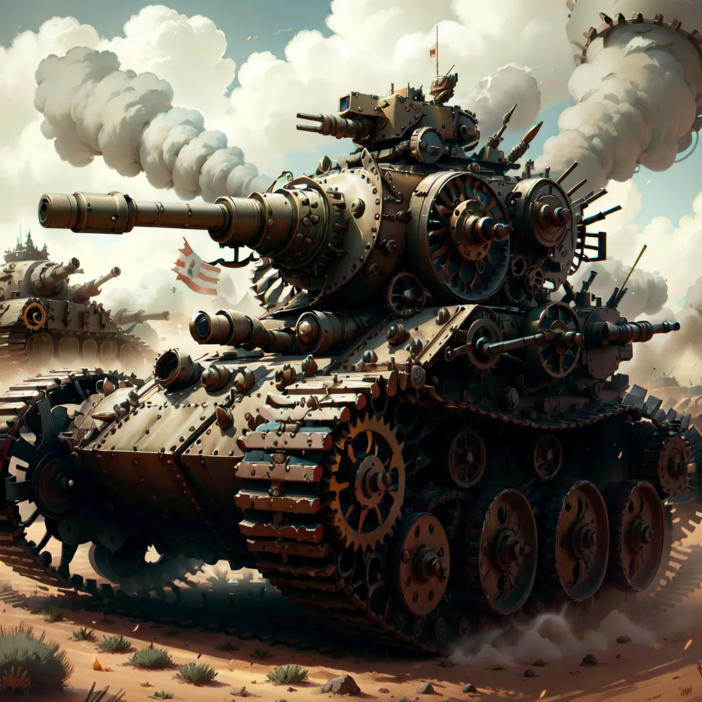 The image shows a steampunk tank. It is made of metal and has a large cannon on the front. There are a number of smaller cannons on the sides and back of the tank. The tank is also covered in a variety of gears and other mechanical devices. There are three other tanks in the background.