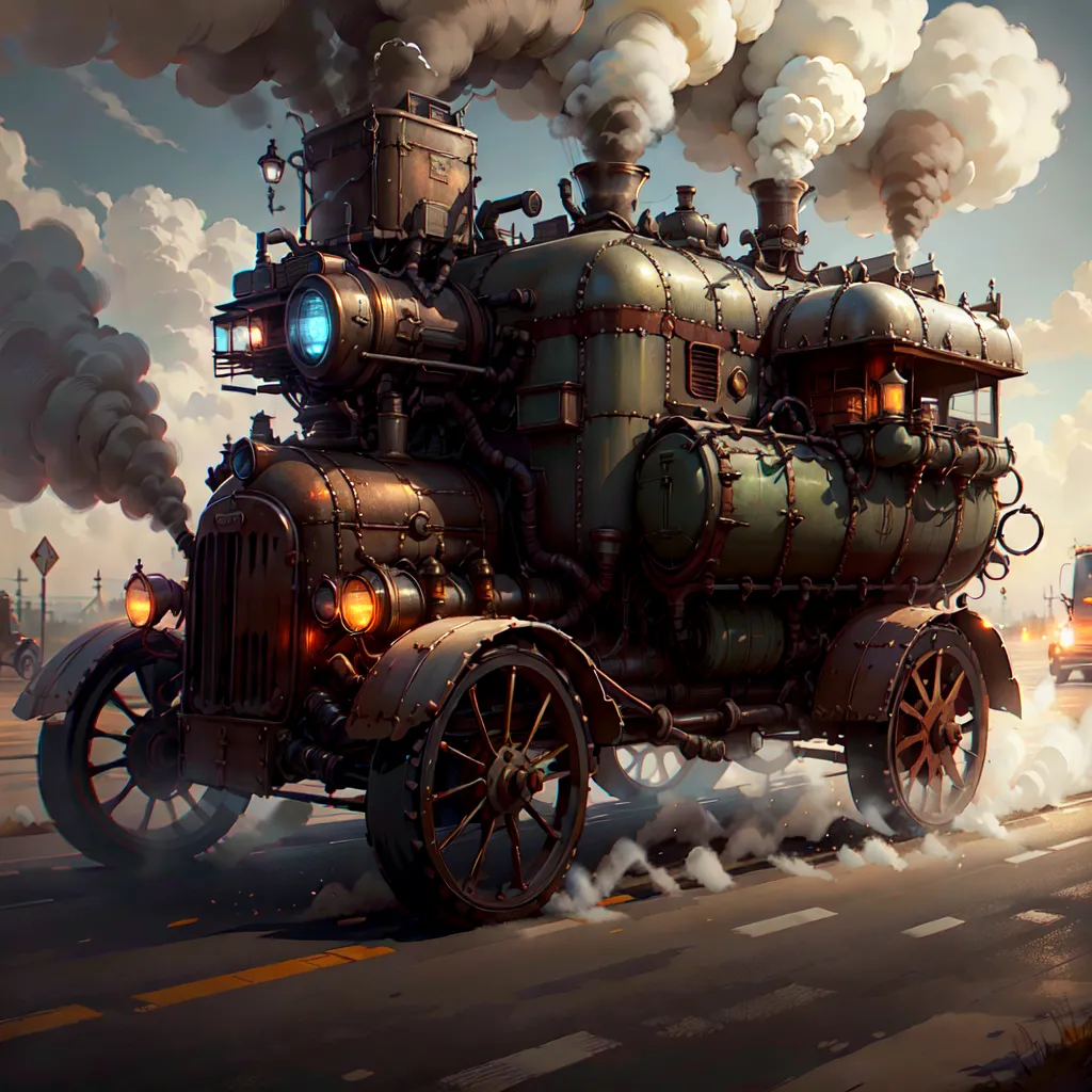 A imagem é de um carro steampunk. É feito de metal e tem um motor grande na parte de trás. O carro também é muito alto e tem uma grande chaminé no topo. O carro está se movendo muito rápido e deixa um rastro de fumaça para trás. O carro também está muito sujo e parece ter passado por muito desgaste e danos.