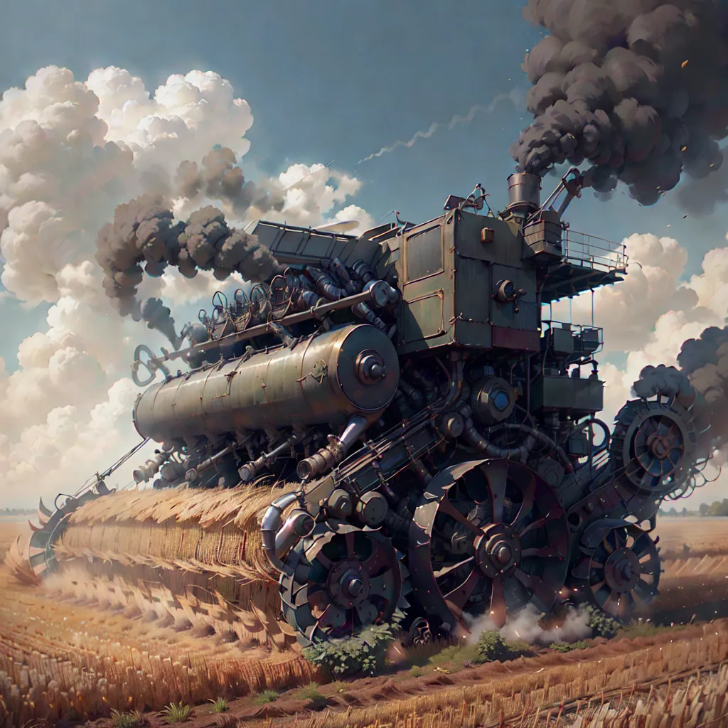 The image shows a steampunk combine harvester. It is a large, complex machine with a variety of gears, pistons, and other mechanical parts. The combine harvester is powered by a steam engine, and it is used to harvest crops. The combine harvester is moving through a field of wheat, and it is cutting the wheat and threshing it at the same time. The wheat is then collected in a grain bin on the back of the combine harvester. The combine harvester is a very efficient machine, and it can harvest a large amount of wheat in a short amount of time.