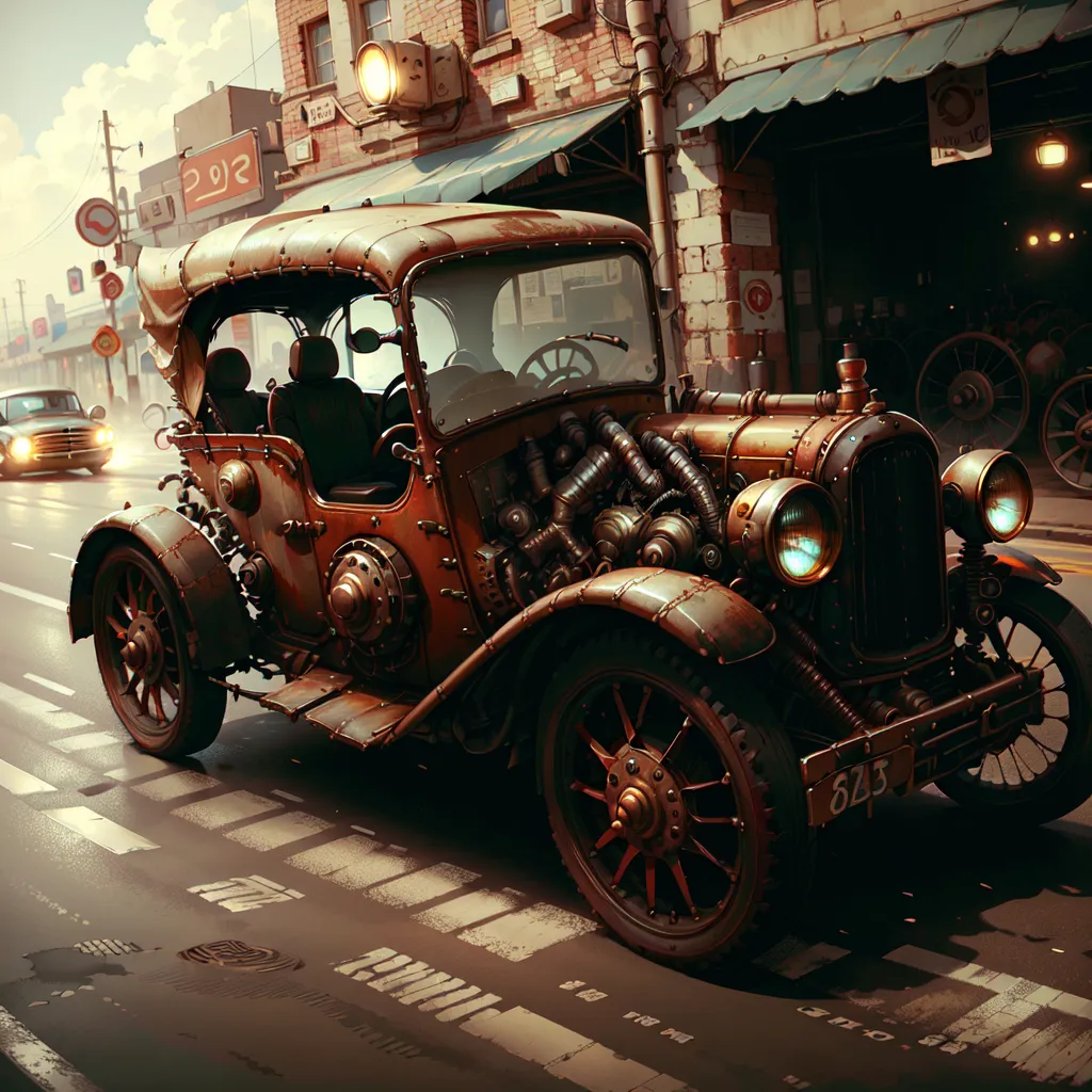 L'image montre une voiture steampunk. Elle est faite de métal et a beaucoup de tuyaux et d'engrenages à l'extérieur. La voiture est peinte en brun et a un aspect rouillé. Il y a un lampadaire sur le côté gauche de l'image et un bâtiment sur le côté droit. La rue est faite de pavés.