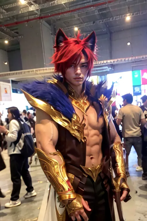 The image contains a cosplayer dressed as a character from the video game League of Legends. The character is Rengar, a shirtless, muscular man with red hair and cat ears. He is wearing a loincloth and a pair of golden gauntlets. He is also carrying a weapon of some sort. The cosplayer has done an excellent job of recreating the character's appearance, and the costume is very detailed.