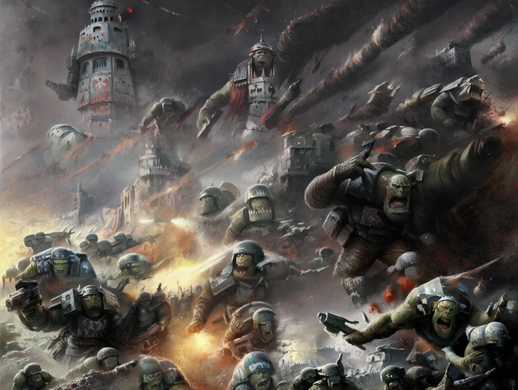 The image shows a battle scene from the Warhammer 40,000 universe. Orcs and Orks are fighting against the Imperial Guard. The Orcs and Orks are a race of green-skinned humanoids who are known for their aggression and brutality. The Imperial Guard is the military force of the Imperium of Man, which is a vast interstellar empire. The battle is taking place on a war-torn planet, and the ground is littered with the bodies of the dead and dying. Orcs and Orks are winning the battle.