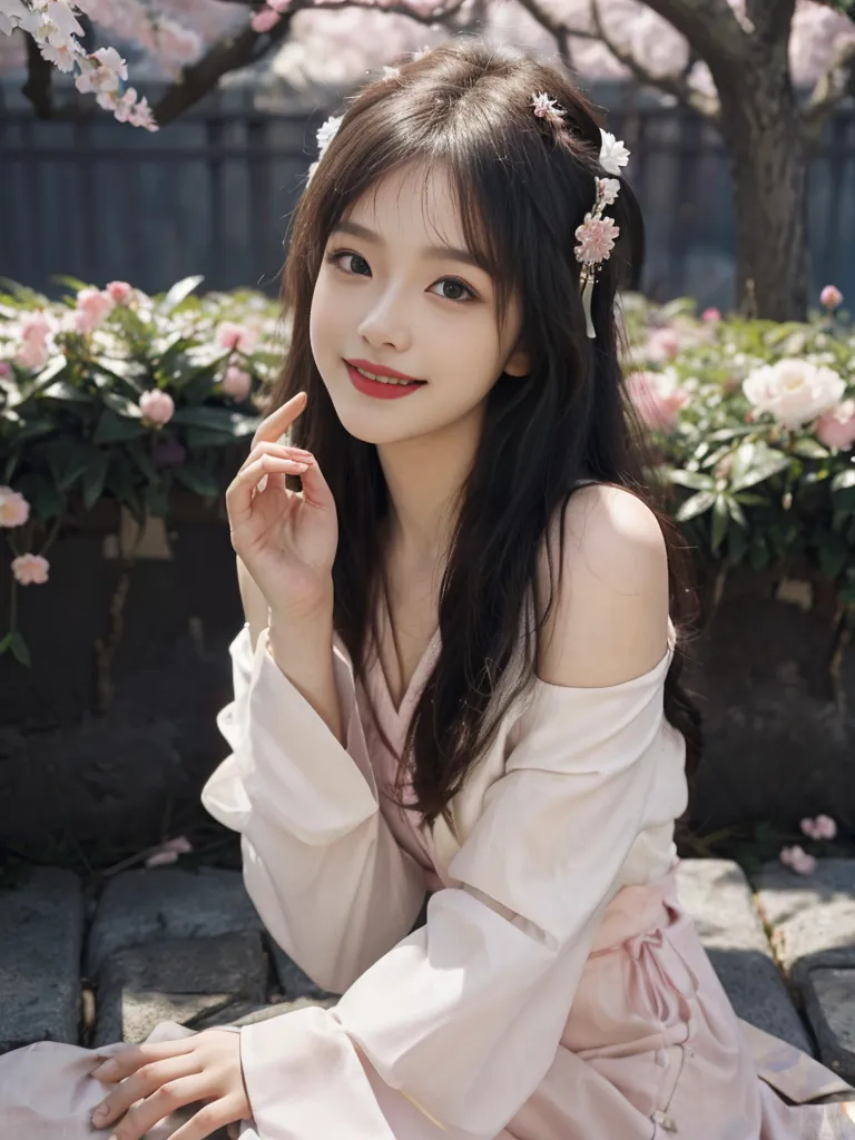 The image shows a young woman with long black hair and a gentle smile. She is wearing a beautiful pink and white dress with off-the-shoulder sleeves. The dress is decorated with delicate floral embroidery. The woman's hair is adorned with a wreath of small pink flowers. She is sitting in a garden with lush green plants and pink flowers. The background is blurred, but it looks like there is a wall or fence behind her. The woman is looking at the camera with a soft expression.