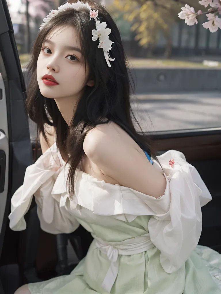 The image shows a young woman with long black hair and red lips. She is wearing a white off-the-shoulder dress with a green sash and a large white bow on the left shoulder. She has a wreath of white and pink flowers in her hair. She is sitting in a car and looking at the camera. The background is blurred.