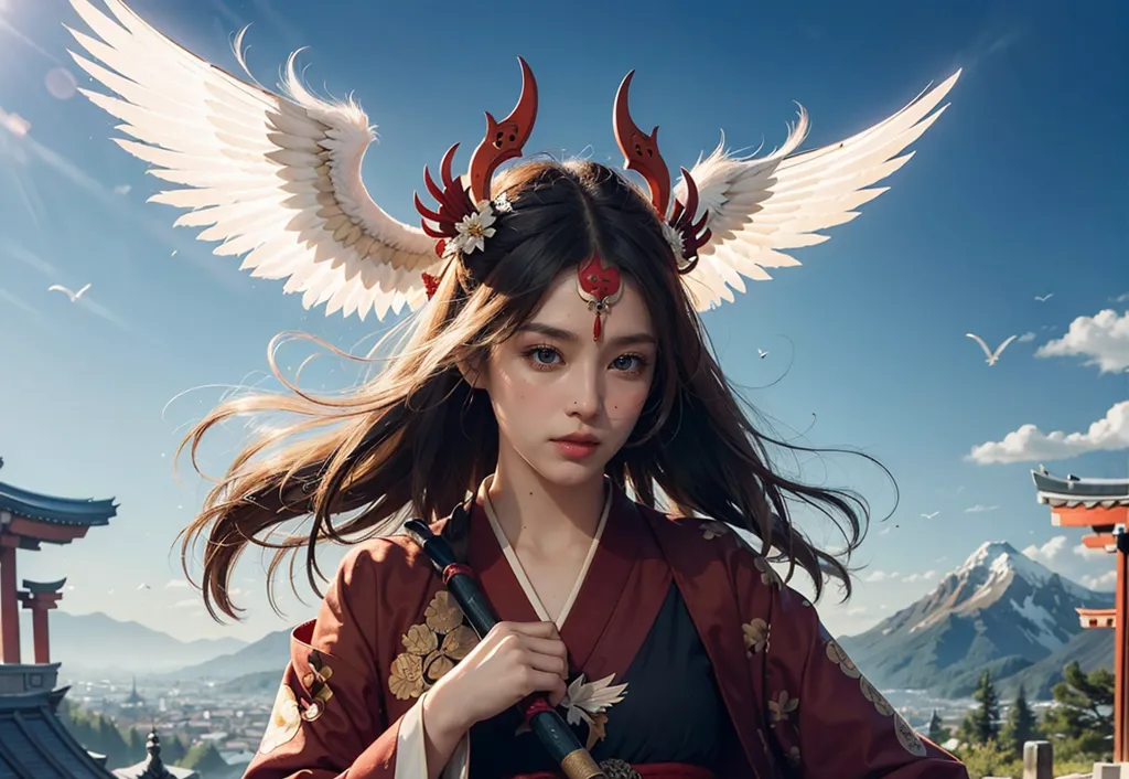 The image is of an Asian woman standing on a rooftop. She is wearing a red and white kimono with a white obi and has long brown hair with white and red streaks. She is also wearing a headdress with white and red horns and has white wings. The background is of a blue sky with white clouds and a mountain range in the distance. There are also some buildings in the background. The woman is looking at the viewer with a serious expression.