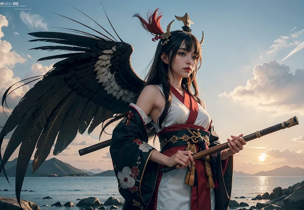 The image is of a beautiful young woman with long black hair and brown eyes. She is wearing a traditional Japanese kimono with a white and red obi sash and has a large black and white feathered wing on her back. She is standing on a rocky shore with the ocean behind her and is holding a naginata, a traditional Japanese polearm. The sun is setting in the background, casting a warm glow over the scene.