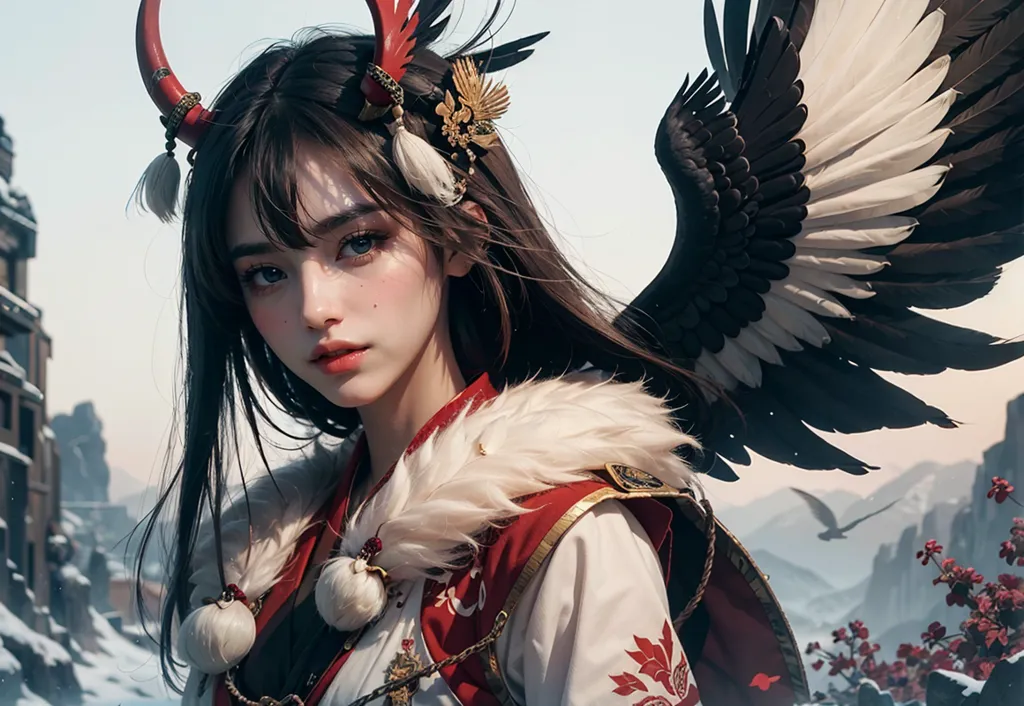 The picture shows a beautiful anime girl with long brown hair and blue eyes. She is wearing a white and red kimono with a fur collar. She also has a pair of black and white wings. She is standing in a snowy landscape with a mountain in the background.