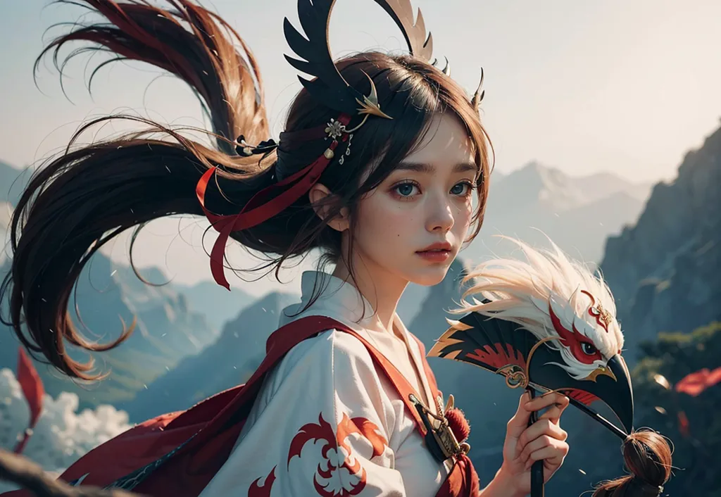 La imagen muestra a una hermosa mujer asiática con un kimono blanco y rojo de pie en la cima de una montaña. Tiene el cabello largo y castaño que se mueve con el viento y lleva un tocado con cuernos de ciervo. También lleva una máscara de fénix. El fondo es un paisaje montañoso con un cielo azul y nubes blancas.