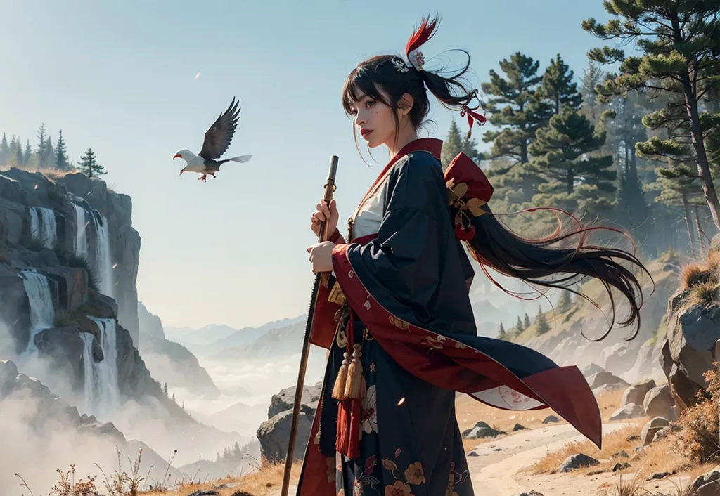 La imagen es de una mujer joven de pie en un acantilado. Lleva un kimono tradicional japonés y lleva una naginata, un tipo de arma de asta japonesa. La mujer tiene el cabello negro largo y ojos azules. Está mirando hacia abajo a un pájaro blanco que vuela frente a ella. En el fondo, hay una cascada y una cordillera.