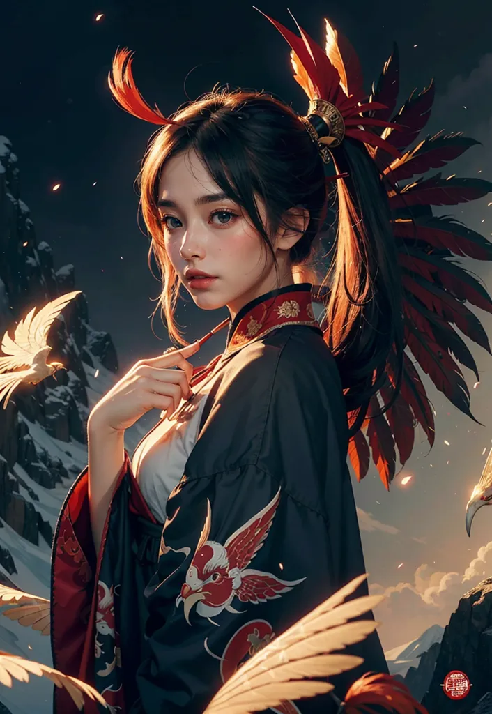 This is an image of a beautiful Asian woman with long brown hair and red feather headpiece. She is wearing a black and red kimono with intricate golden and white phoenix designs. She has a serious expression on her face and is looking at the viewer with her head tilted slightly to the right. She is standing in front of a snowy mountain landscape with two phoenixes flying around her.