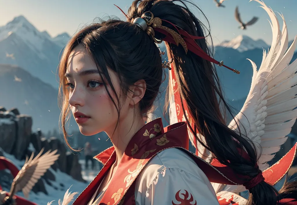 The image is a painting of a young woman with long brown hair and blue eyes. She is wearing a white and red kimono with a red and gold obi. She has a phoenix hairpin in her hair and a sword in her hand. She is standing in a snowy landscape with mountains in the background. There are two phoenixes flying in the sky.