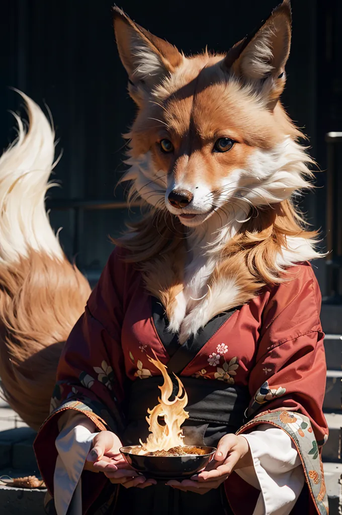 The image shows a red fox wearing a kimono. The fox is sitting on a stone railing and is holding a bowl of fire in its paws. The fox is looking at the camera with a curious expression. The kimono is black with red and white floral designs. The fox has long, flowing hair and a bushy tail. The background is a blur of trees and buildings.