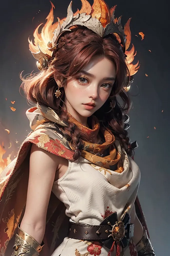 This image shows a beautiful young woman with long brown hair and brown eyes. She is wearing a white dress with a red and gold cape. She is also wearing a gold crown and has a fiery orange glow around her head. She looks like a warrior princess or a goddess.