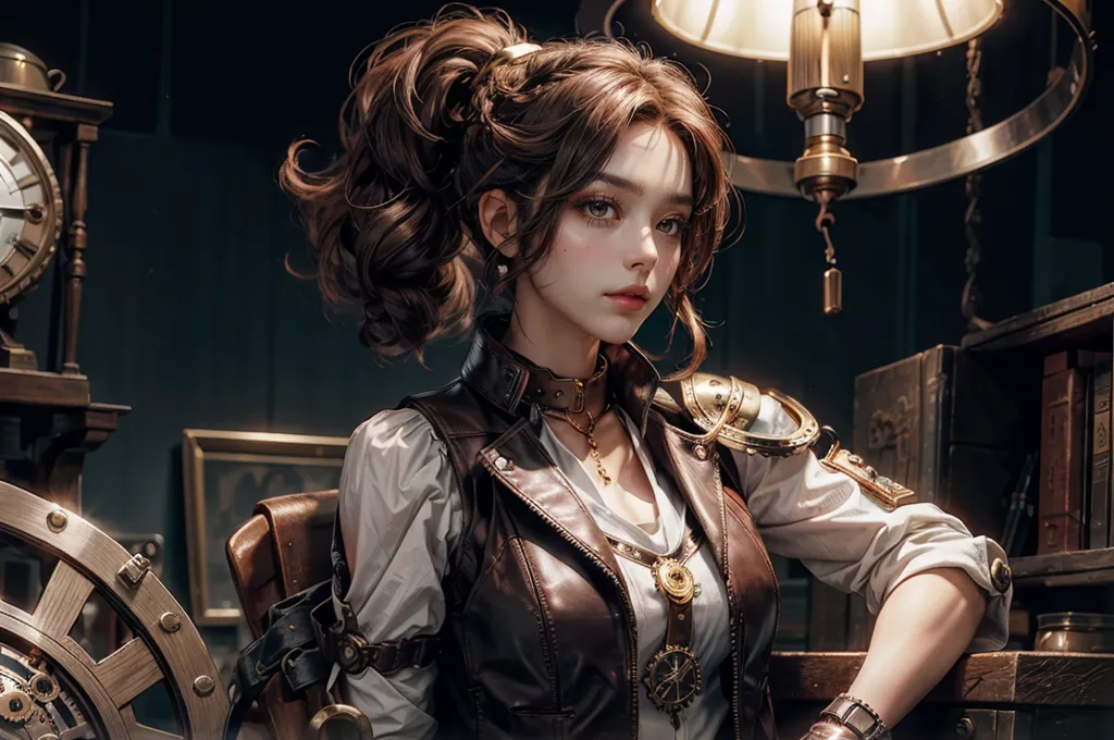 L'image est un portrait d'une jeune femme. Elle a de longs cheveux bruns attachés en queue de cheval et des yeux bruns. Elle porte une blouse blanche, un gilet en cuir marron et un collier de style steampunk. Elle est assise sur une chaise, avec sa main droite posée sur la table. Il y a une lampe sur la table et une horloge et des livres en arrière-plan.