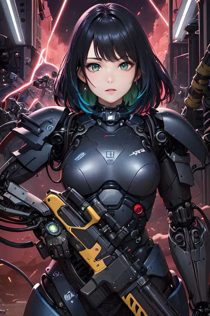 This is an illustration of a young woman in a black and green bodysuit with green eyes and black hair. She is wearing a futuristic suit of armor and holding a gun. She is standing in a dark, futuristic setting with large buildings and spotlights in the background. There are also robots in the background. The woman is looking at the viewer with a serious expression.