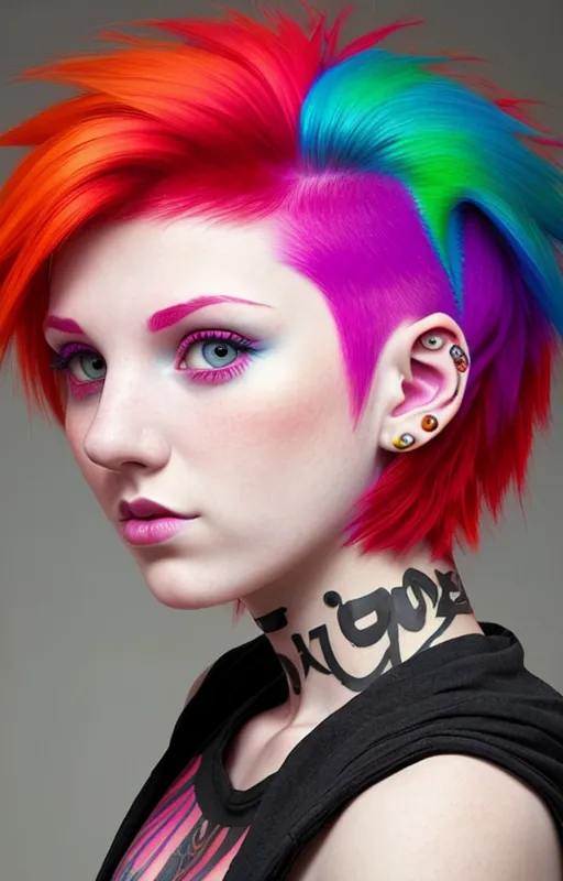 The image shows a young woman with short, multicolored hair. The hair on the left side of her head is red, orange, and yellow, while the hair on the right side is green, blue, and purple. The woman has fair skin and light blue eyes. She is wearing a black tank top and has a tattoo on her neck. The background is a light gray.