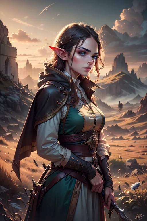 The image is of a female elf standing in a rocky field. She is wearing a green and brown outfit and has a sword on her hip. She has long brown hair and blue eyes and is looking to the right of the frame. In the background, there are mountains and a ruined castle.