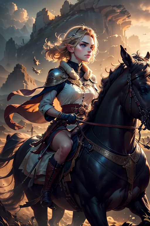 The image is of a blonde female elf riding a black horse. She is wearing a white shirt, brown pants, and a red cape. She has a sword on her hip and a bow and arrow on her back. She is riding through a rocky landscape with a castle in the background. The image is in a painterly style and the colors are vibrant and saturated.