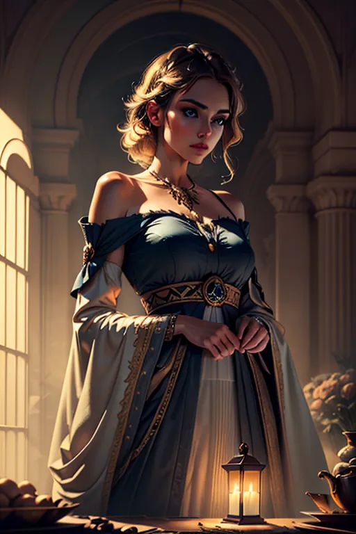 The image is of a beautiful young woman with long, flowing hair. She is wearing a blue dress with a white undersleeve. The dress is off the shoulder and has a sweetheart neckline. She is also wearing a necklace and a bracelet. Her hair is styled in an intricate updo. She is standing in a grand hall, with a large window in the background. There is a table in front of her with a lit candle and a teapot on it.