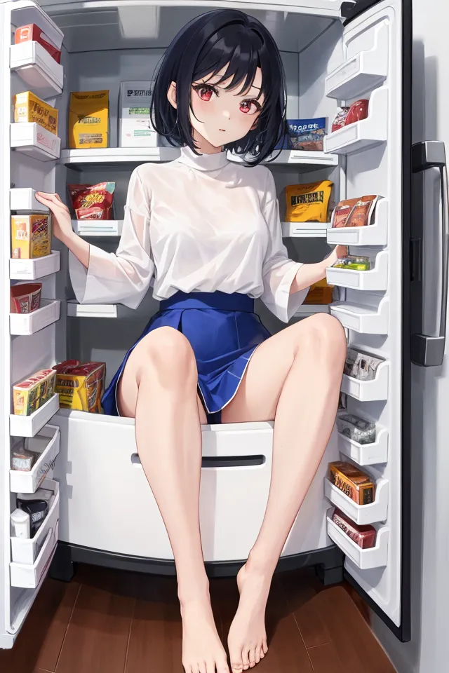 The image depicts an anime girl with black hair and red eyes sitting in a refrigerator. She is wearing a white blouse and a blue skirt. The refrigerator is open, and there is food on the shelves. The girl is looking at the camera with a curious expression on her face.