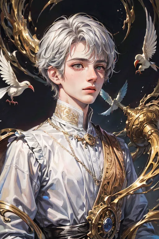 The image is of a beautiful young man with white hair and green eyes. He is wearing a white shirt with a gold and black sash and has a gold necklace with a blue gem in the center. He is standing in front of a dark background with a golden halo around his head. There are also four white doves around him.