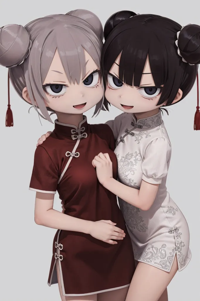 The image shows two anime girls in cheongsams. The girl on the left has white hair and grey eyes, while the girl on the right has black hair and black eyes. They are both smiling and have their arms around each other. The girl on the left is wearing a red cheongsam with white trim, while the girl on the right is wearing a white cheongsam with red trim. They are both wearing red and white hair ties. The background is a light grey.